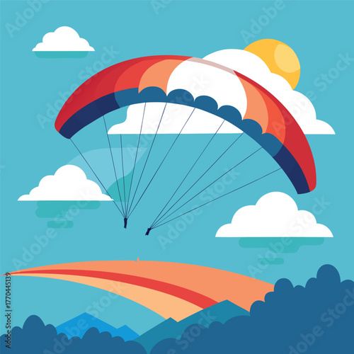 Paragliding illustration over mountains with blue sky and clouds.