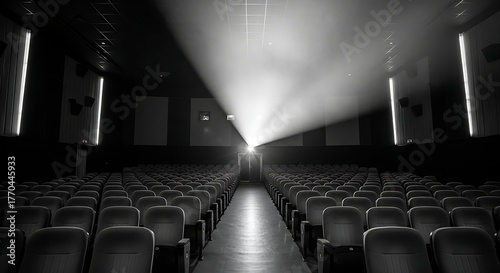Dramatic black and white image of a vintage movie theater auditorium with rows of seats