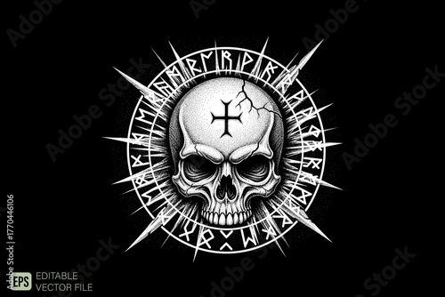 Skull with Cross and Runic Circle Design.