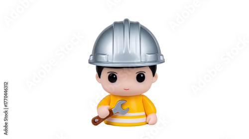 Cartoon construction worker figure with silver helmet, yellow shirt, and holding wrench, isolated on transparency background, cheerful expression, suitable for education or safety concept