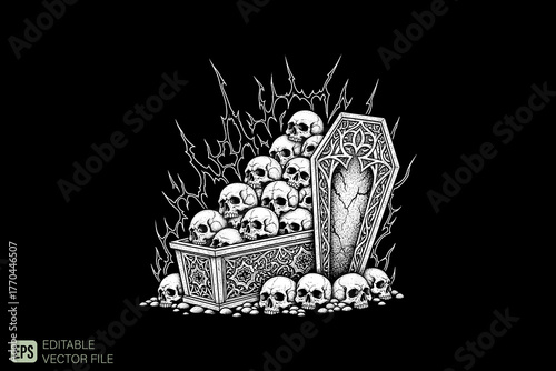 Pile of Skulls and Coffin in a Spooky Graveyard Scene.
