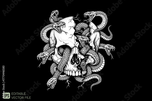 Intricate Skull and Snakes Illustration in Black and White.