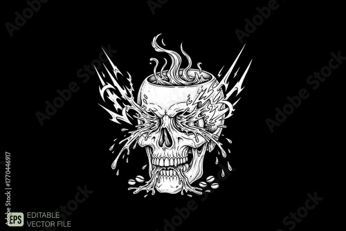 Skull with Exploding Head and Melting Eyes in Black and White.