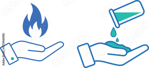 Two hands holding fire and pouring liquid from beaker flame blue