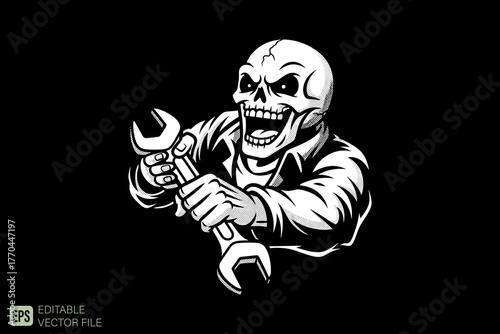 Grinning Skull Mechanic Holding Wrenches in Black and White.