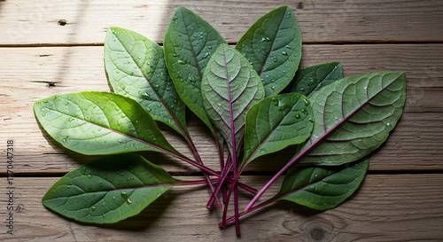 Fresh mangold leaves on rustic wooden table, top view, natural daylight, organic farm produce concept, healthy vegetarian food photography style