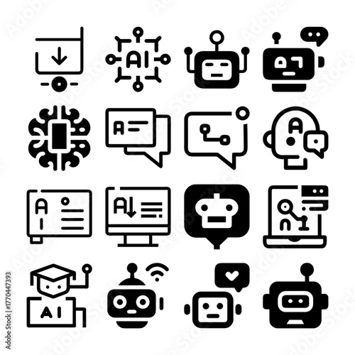 AI, Robotics, & Smart Tech Icon Set: Education, Machine Learning, Chatbot, and Digital Graphics