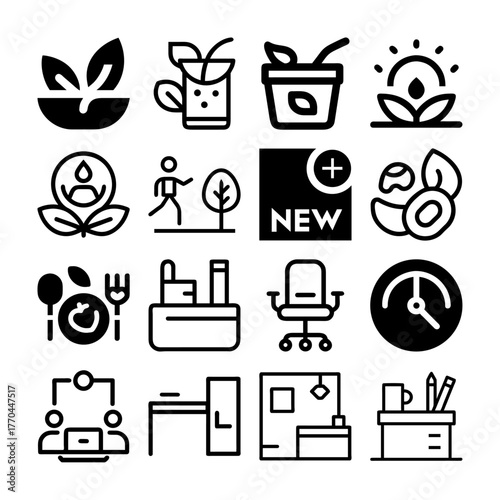 Lifestyle, Healthy Living, & Office Icon Set: Nature, Workplace, Nutrition, and Organization Graphics