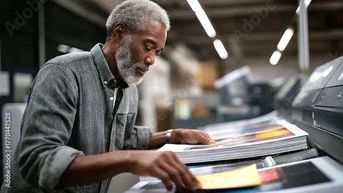 A senior Black man in a modern printing house selects a thick sheet of glossy paper from a rack his fingers testing the texture colorful posters hanging on walls machines