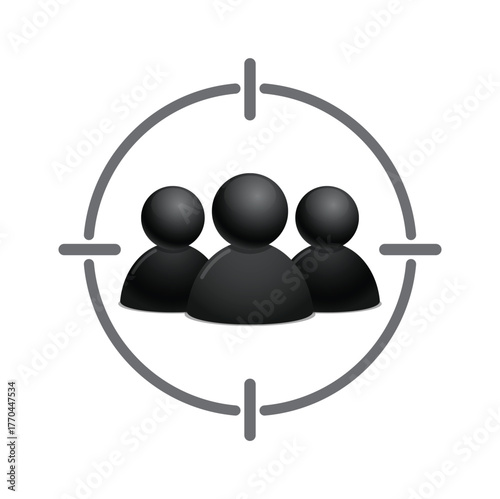 3D black people group icon inside a crosshair target, symbolizing audience targeting, marketing strategy, or customer segmentation. Modern digital marketing concept illustration on white background.