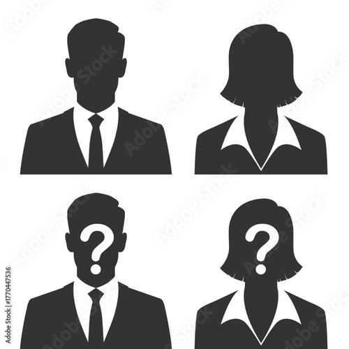 Business persons silhouettes graphic icons set. Unknown business people with question mark and without it sign isolated on white background. Vector illustration