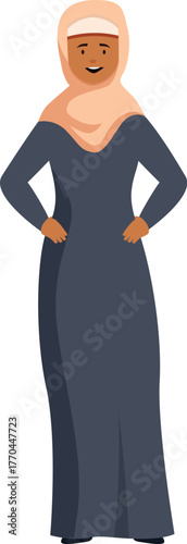 Confident muslim businesswoman in traditional clothing standing with hands on her hips, representing empowerment, cultural pride, and success