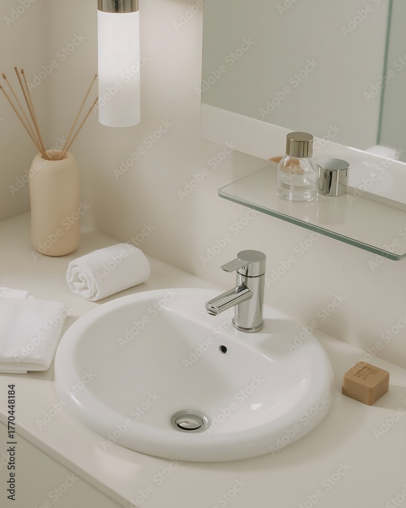 Fototapeta premium Minimal bathroom sink with folded towel and soap bar, clean white and beige tone harmony, Lucid Realism, 4:5