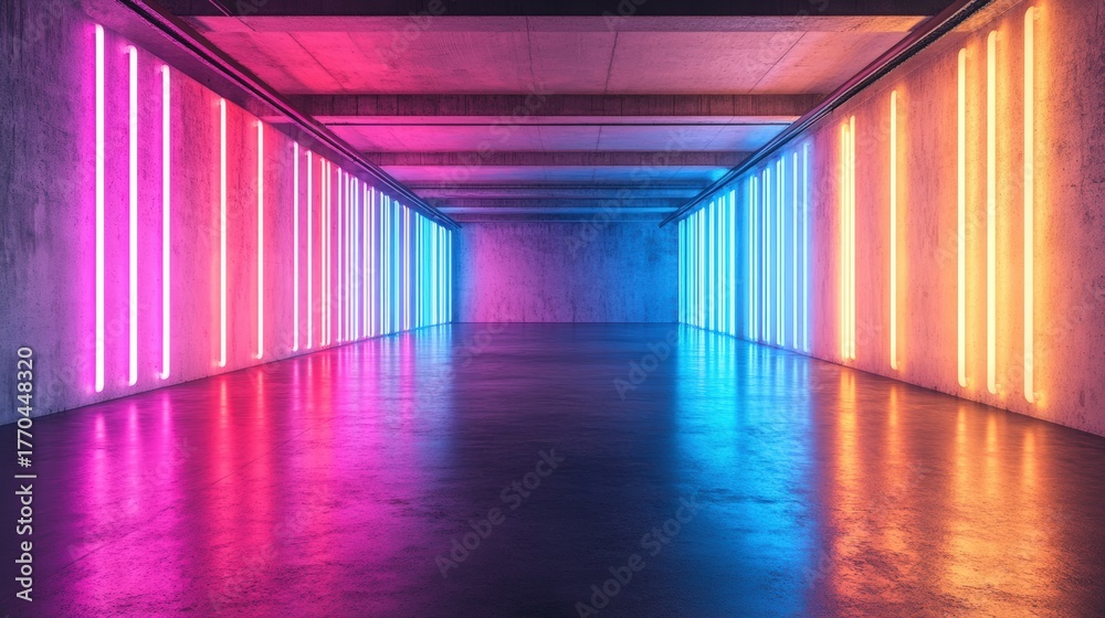 Fototapeta premium A vibrant corridor illuminated by colorful neon lights, creating a modern and dynamic atmosphere with a polished floor.