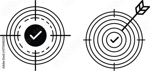 Two black and white target icons with checkmarks and one arrow bullseye goal
