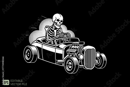 Skeleton Driving Hot Rod Car with Smoke Black and White Illustra