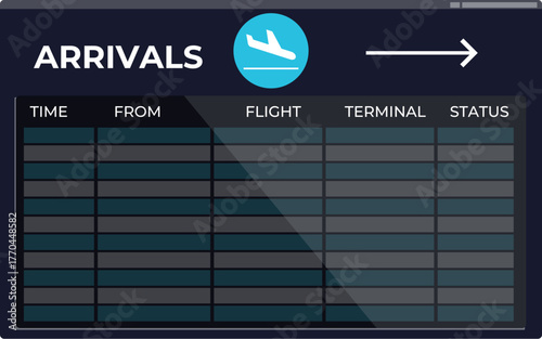 Airport arrivals board displaying real time flight data, including time, origin, flight number, terminal, and status
