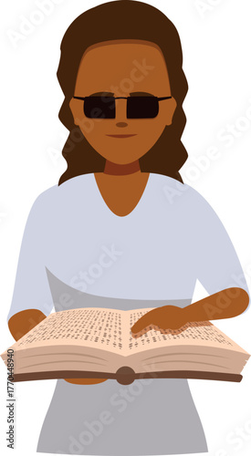 Visually impaired woman reading braille book with sunglasses