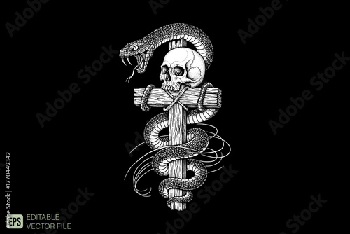 Skull and Snake Entwined on a Wooden Cross Dark Art.