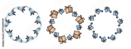 Watercolor Christmas round New Year frames, fir trees, gifts, in Scandinavian style, soft natural colors, hand drawn illustration, isolated on white background, vector