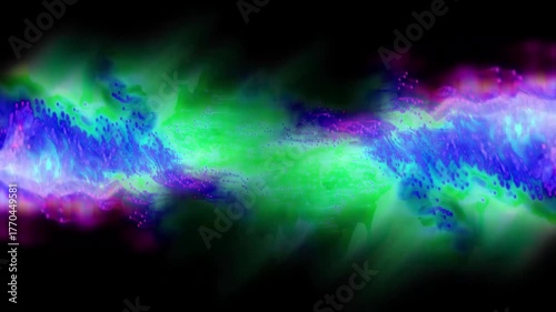 Abstract colorful nebula with vibrant purple, green, and blue hues stretching across a black void, evoking a sense of cosmic wonder and energy