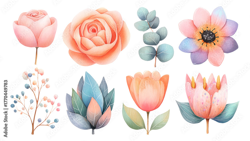 Obraz premium Colorful Watercolor Floral Collection with Isolated Transparent Background Elements
