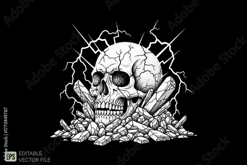 Cracked Skull with Lightning and Rocks.