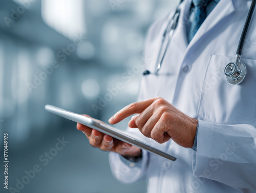 Doctor wearing a white medical coat using a digital tablet to access patient information or medical records in a modern healthcare facility environment