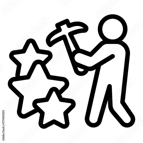 Worker with pickaxe and stars line icon, metaverse concept. Vector graphics. Crypto miner and game points sign on white background, style icon mobile or web design.