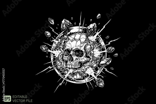 Skull with shattered glass and lightning bolts in a circular fra