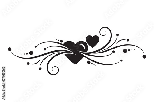 Stylish heart ornament vector featuring two intertwined hearts with graceful swirls, curls, and dotted accents. Ideal for Valentine’s Day designs, wedding invitations, greeting cards, tattoos, and rom