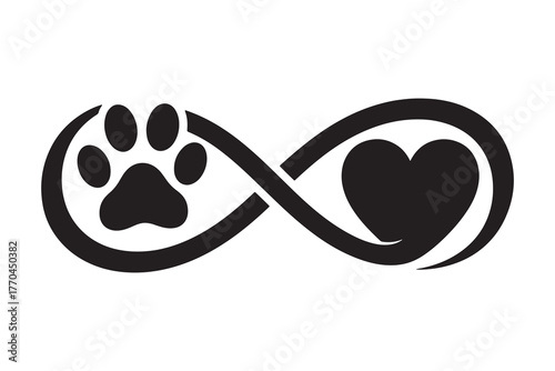 Minimalist black infinity symbol design featuring a paw print and heart, representing eternal love for pets. Perfect for animal lovers, pet adoption campaigns, veterinary logos, tattoo art, and pet-re