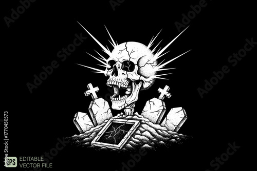 Screaming Skull Emerging from Grave with Tombstones and Tablet.
