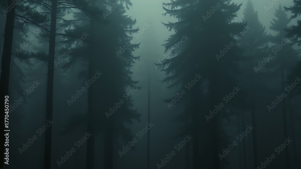 Obraz premium A misty forest at dusk, tall pines shrouded in fog, evoking a sense of mystery and quiet solitude.