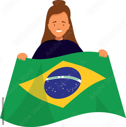 Woman proudly displaying brazilian flag, symbolizing national identity, celebration, and patriotic spirit