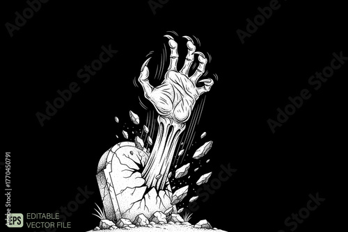 Zombie Hand Rising from Grave in Spooky Graveyard Scene.