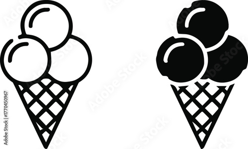 ice cream cone graphic outline and filled silhouette waffle scoop set