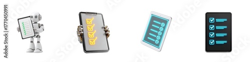 Set of robot and tablet technology icons isolated on transparent background