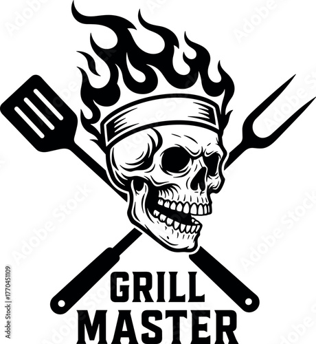 Grill master skull with flames and BBQ tools vector illustration silhouette cricut design