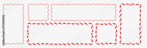 Set of wavy candy cane frames in red and white stripes. Christmas square and scallop forms for New Year template, festive label, sweet border and vector illustration on white background