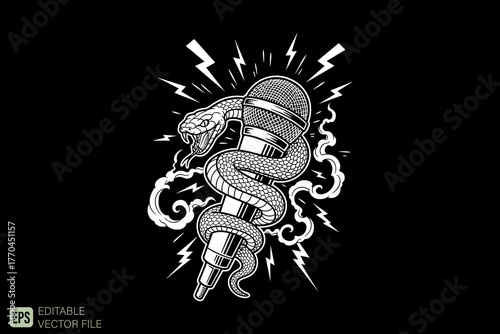 Snake Coiled Around Microphone with Lightning and Smoke.