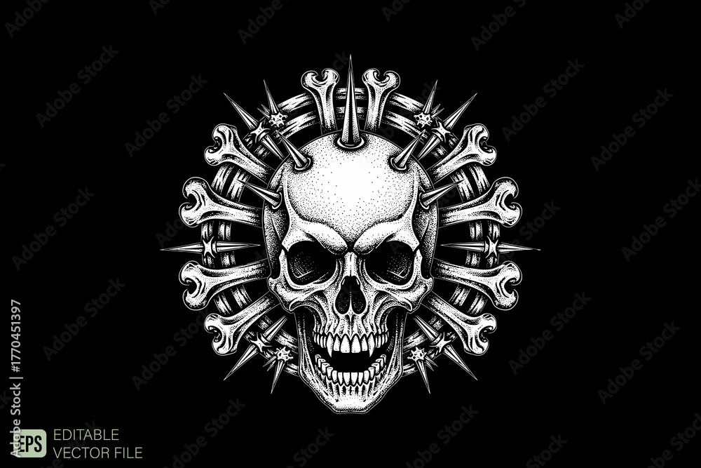 Fototapeta premium Grinning Skull with Spikes and Bones in a Circular Arrangement.