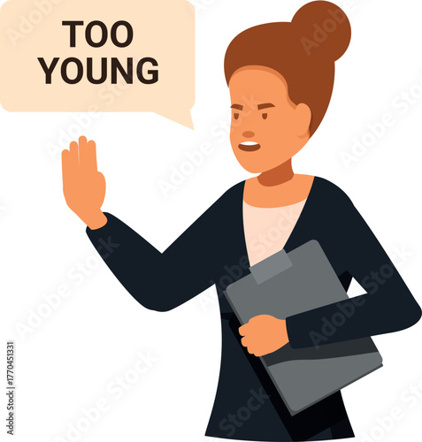 Businesswoman holding clipboard is saying too young and making stop gesture with hand
