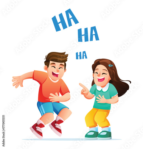 Two kids, a boy and girl, standing and laughing out loud together, expressing joy and giggles with floating "HA HA" text. Vector cartoon illustration