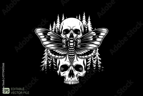Deaths-head hawkmoth with two skulls and pine trees.