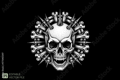 Grinning Skull with Spikes and Bones in a Circular Arrangement.