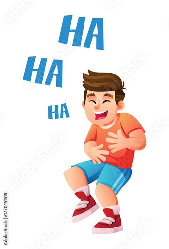 Happy little boy giggling and holding his tummy while laughing out loud, showing joy and happiness with "HA HA" text. Vector cartoon illustration