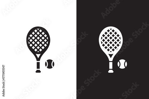 tennis inverted racket and ball monochrome vector icon layout