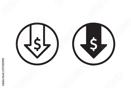 price fall graphic circular outline and solid arrow with dollar