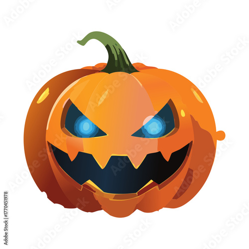 Illustration of a furious orange jack-o'-lantern with deep glowing blue eyes and a wide mouth displaying jagged sharp teeth
